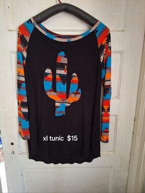 Black Tunic with Southwestern Cactus Accent - XL
